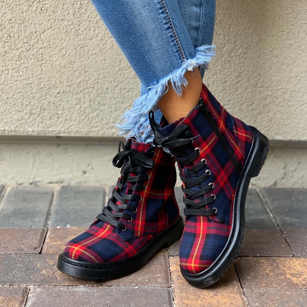 Red/Navy Sweater Plaid Lace Up Combat Boots - Picture 2 of 7